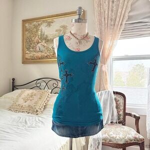 y2k zona libre teal rhinestone graphic tank top size medium